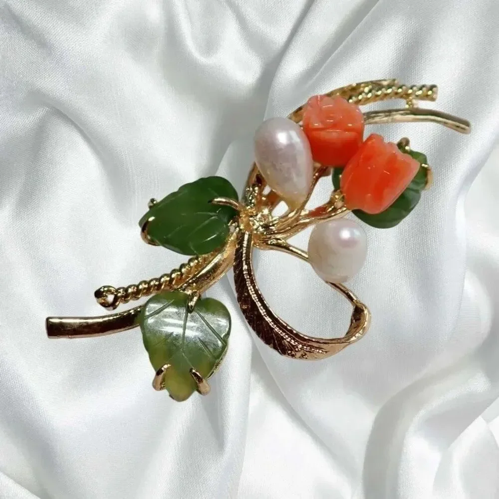 Pink Coral Pearls & Green Jade Leaves Brooch Floral Spray Faux Fashion VTG Pin